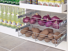 Marco Closets has wire vegetable bins for an organized kitchen pantry